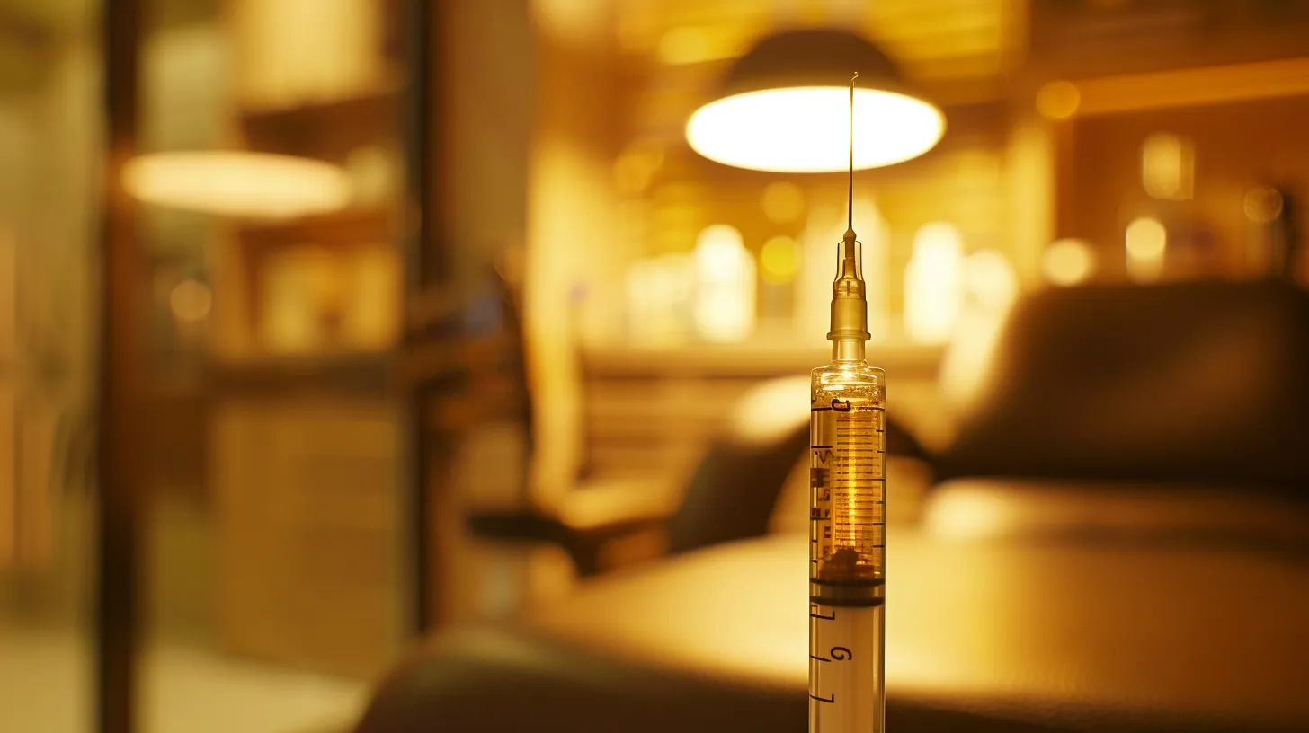 a close-up, vibrant scene capturing a syringe filled with golden platelet-rich plasma, set against a softly blurred background of a physical therapy clinic, symbolizing the transformative power of prp therapy in pain management and healing.