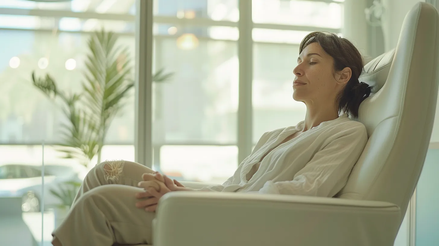 a focused close-up of a serene clinic environment, showcasing a patient thoughtfully contemplating prp therapy, with soft natural light filtering through large windows, conveying a sense of calm and informed decision-making amidst the potential risks of treatment.
