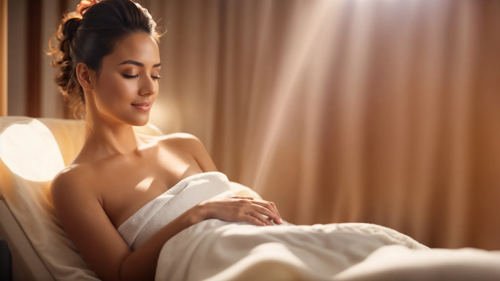 a radiant and serene spa setting featuring a woman enjoying a laser hair removal treatment, illuminated by soft, calming light that enhances the smoothness of her skin while highlighting the professionalism of the registered nurse administering the procedure.