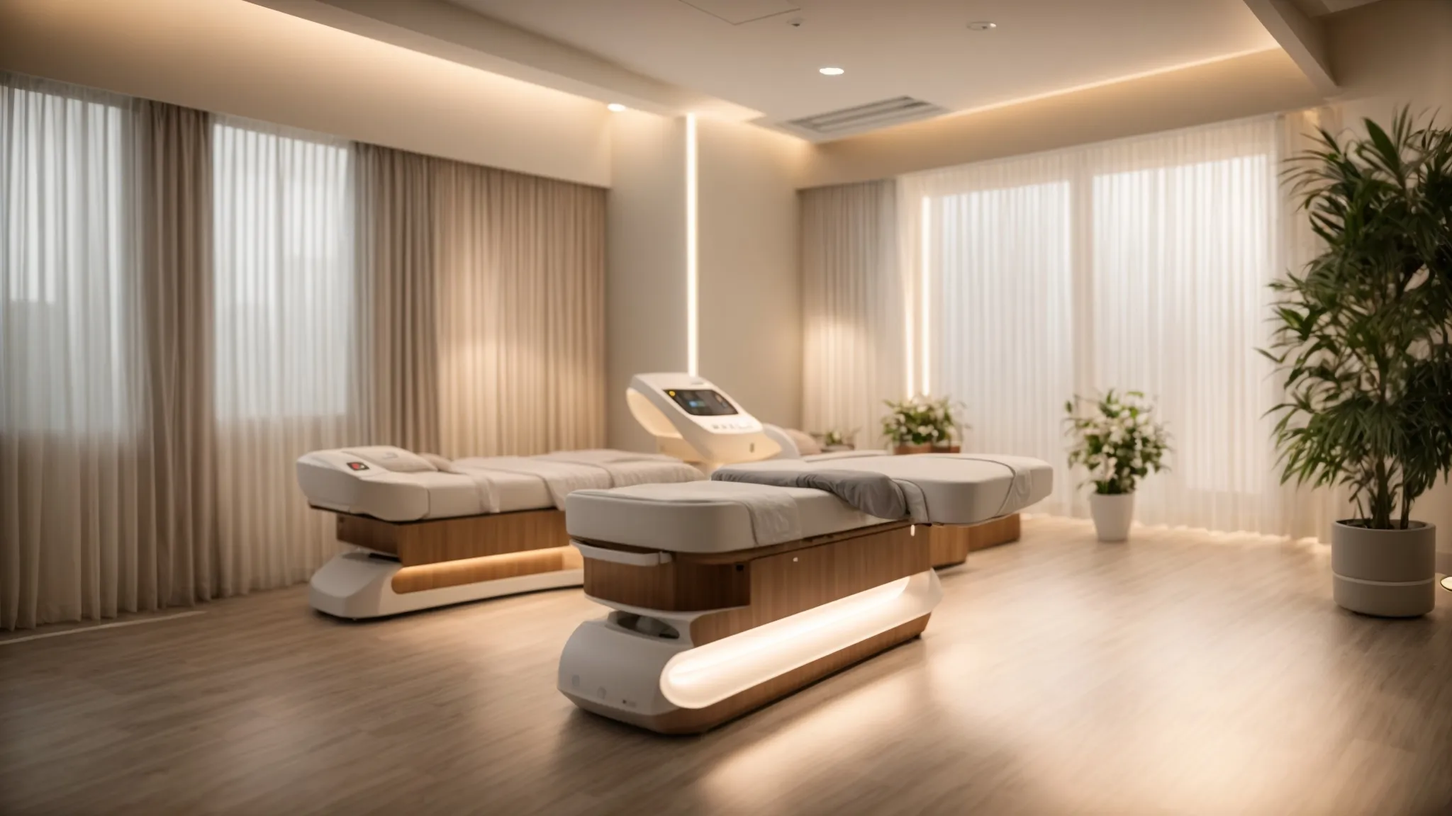 a serene and inviting setting featuring a professional laser hair removal treatment room in plymouth, mi, illuminated by soft, warm lighting that highlights the sleek, modern equipment and soothing ambiance, embodying a sense of tranquility and professionalism.