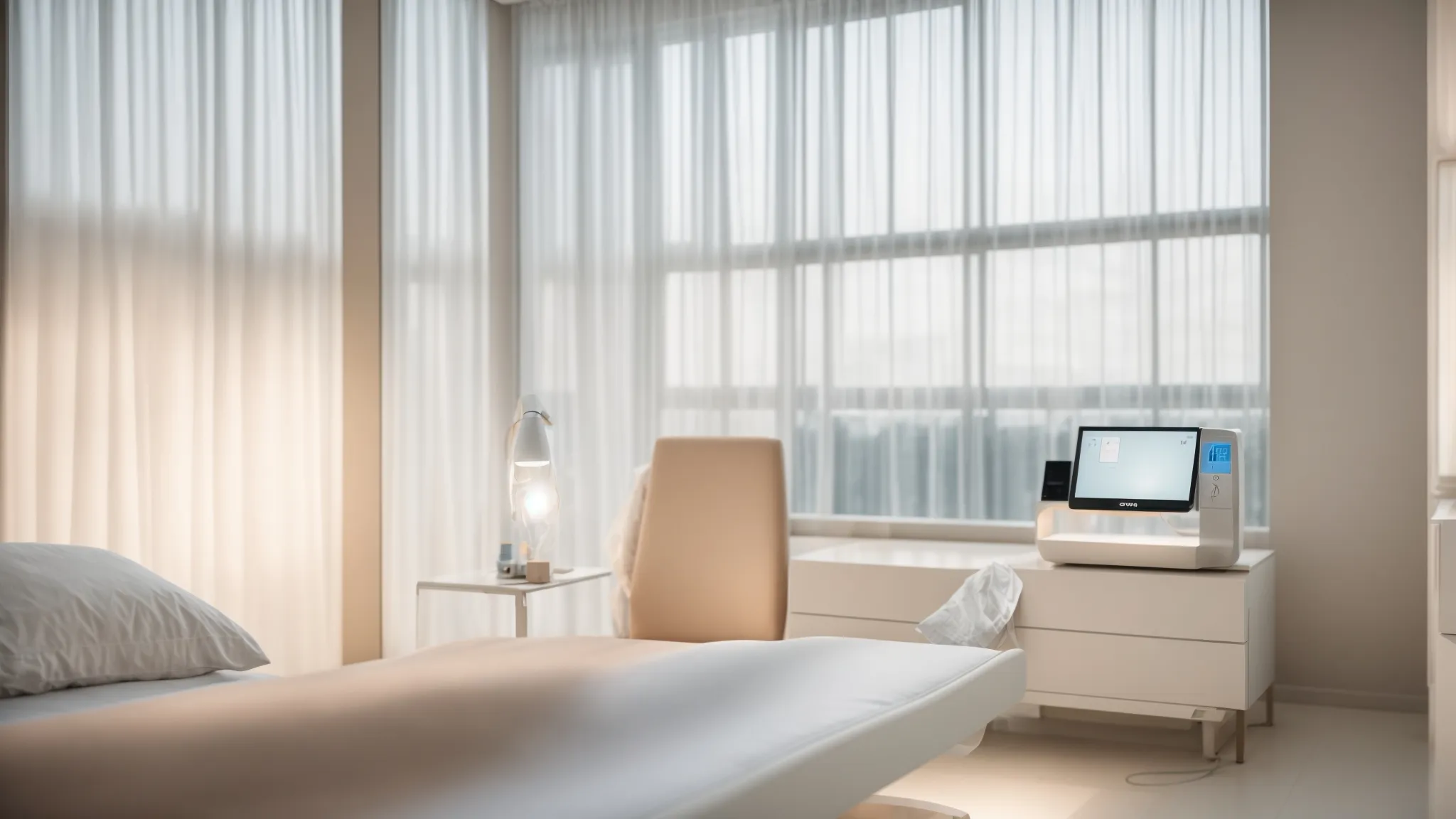 a serene clinic environment featuring a sleek laser hair removal device poised for treatment, illuminated by soft, calming lighting that emphasizes the promise of effective skincare and patient comfort.