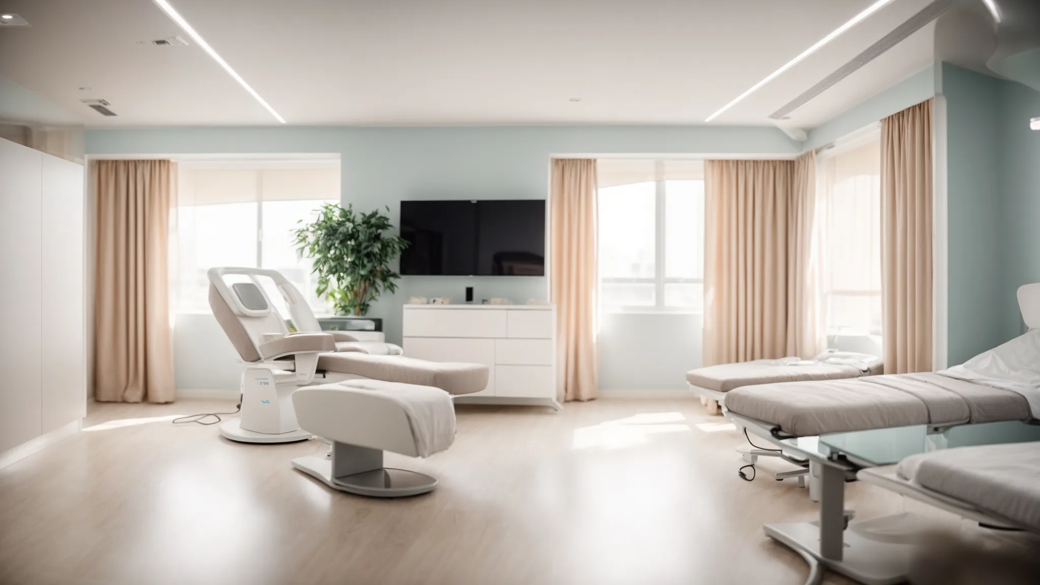 a serene clinic room features a sleek laser hair removal machine casting soft, focused beams of light, illuminating smooth skin and reflecting a sense of confidence and beauty.
