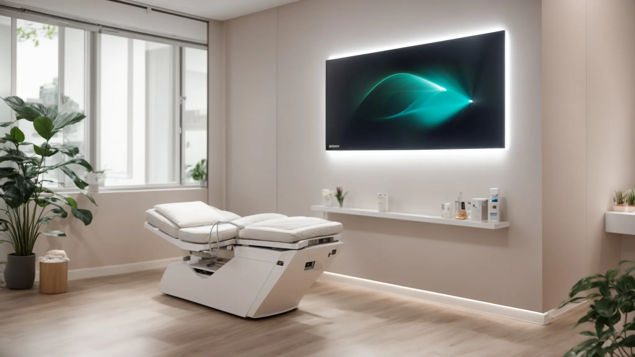 a serene, elegantly designed laser hair removal clinic in plymouth, featuring a welcoming ambience with soft lighting, where clients confidently review testimonials and quality package details on sleek digital screens.