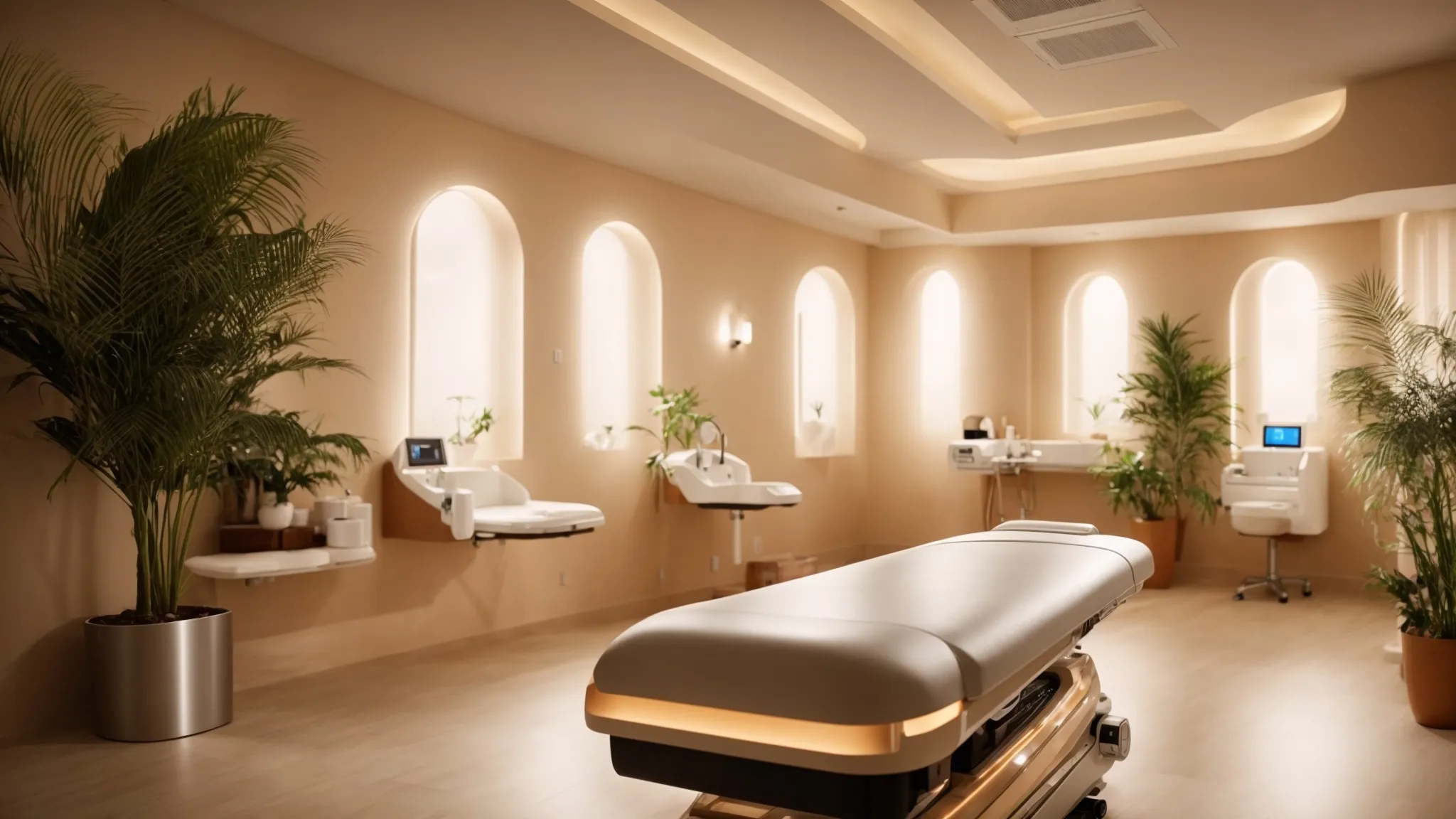 a serene medical spa treatment room, softly lit with a warm glow, showcasing a state-of-the-art laser hair removal device in the foreground, exuding an atmosphere of comfort and advanced technology.