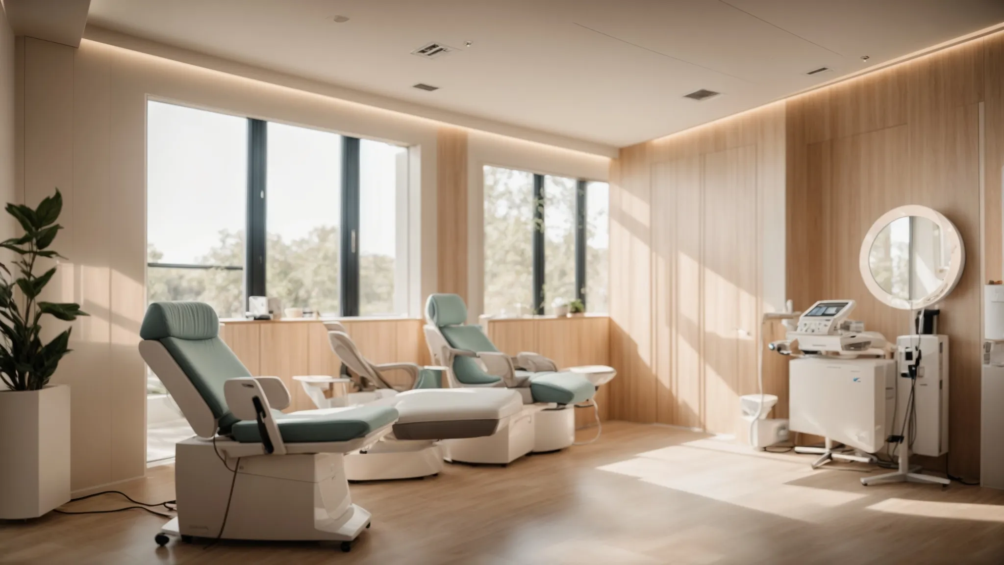 a serene, modern laser hair removal clinic is illuminated by soft, natural light, featuring a confident client engaging with a knowledgeable technician during a warm and informative consultation.