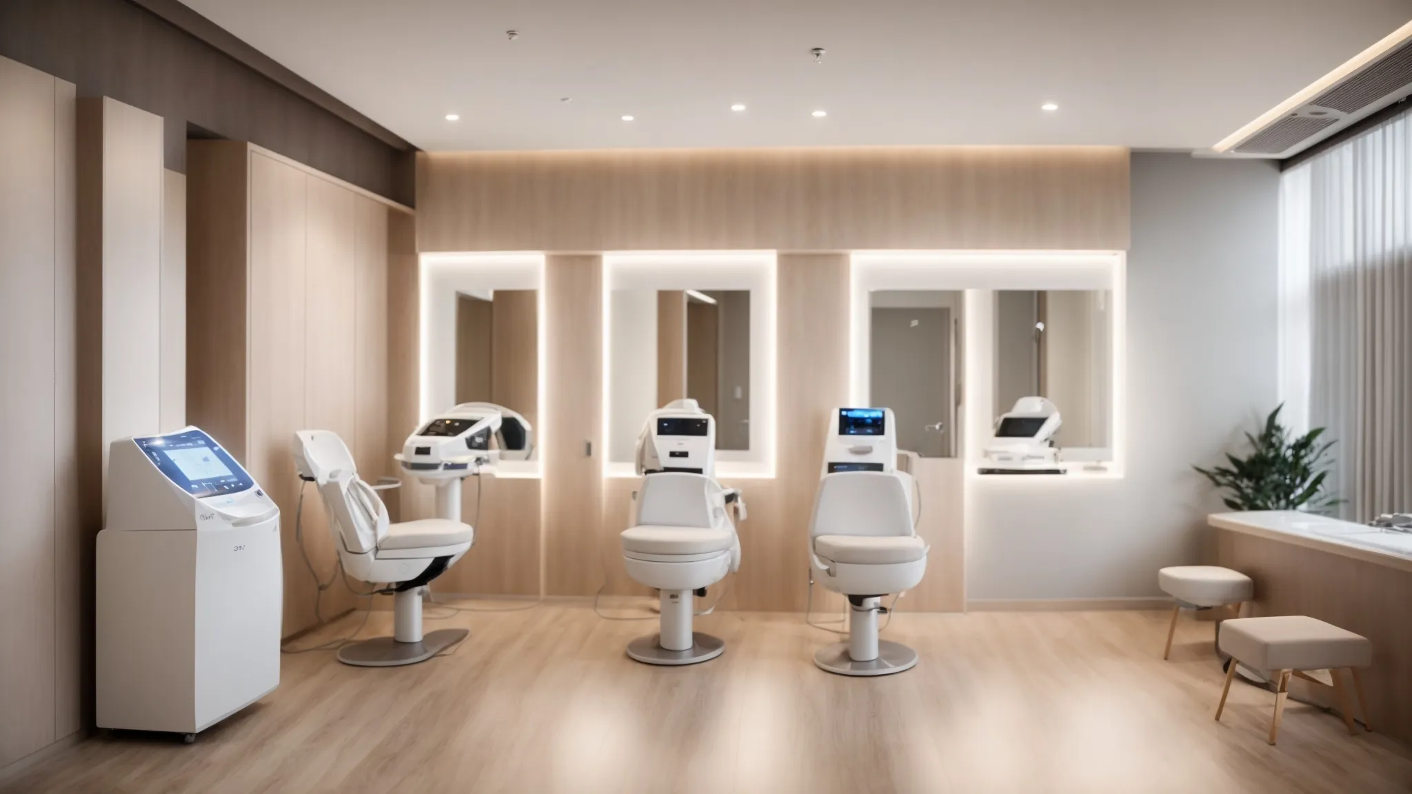 a serene, modern laser hair removal clinic showcases a sleek laser device poised under soft, ambient lighting, emphasizing the promise of smooth skin and advanced skin treatment options for diverse skin types.