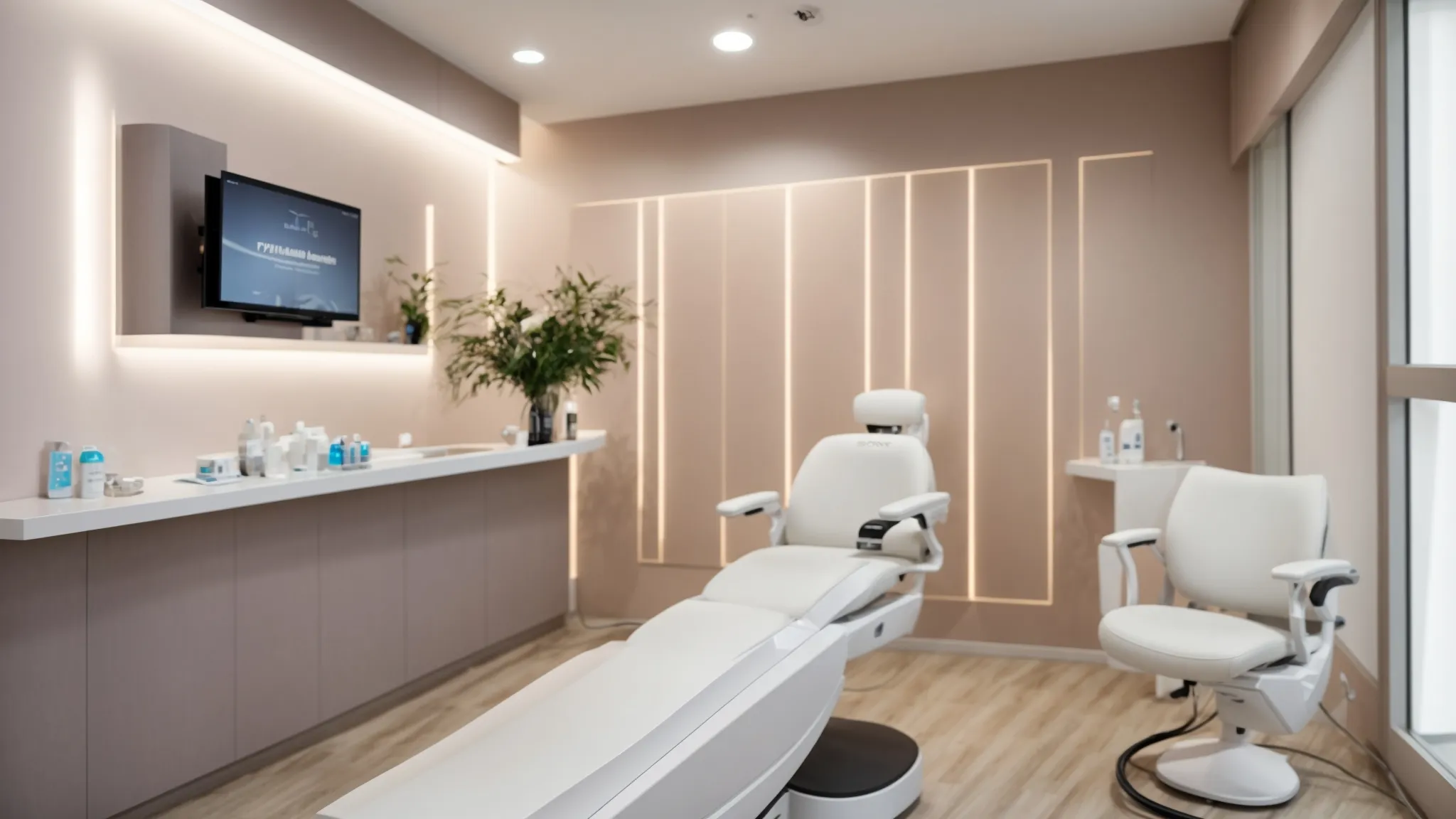 a serene, modern laser hair removal clinic in plymouth, illuminated by soft, natural light, showcases a relaxing treatment room with sleek equipment and promotional signage highlighting affordable discounts, creating an inviting atmosphere for budget-conscious clients.
