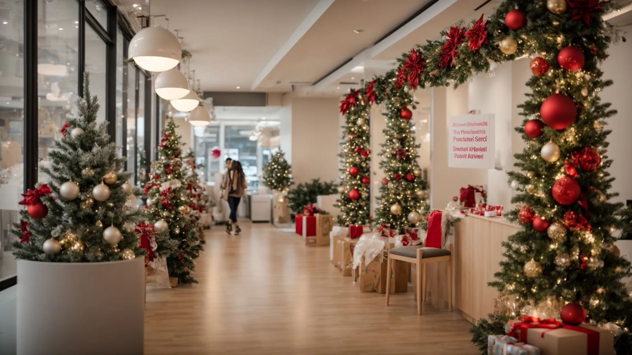 a vibrant, festive scene captures a bustling clinic adorned with seasonal decorations, showcasing happy clients exploring enticing promotional banners for affordable laser hair removal services during a holiday event.