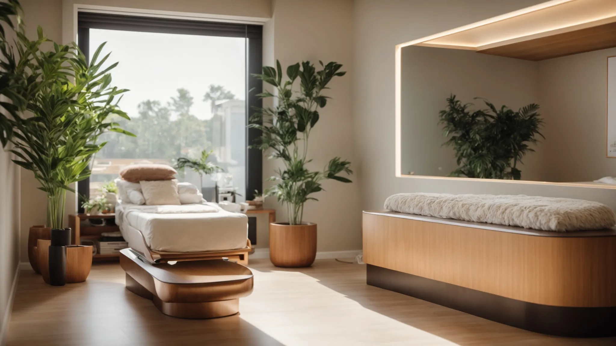 an inviting, tranquil room bathed in soft natural light, featuring a sleek treatment bed and soothing decor, emphasizes the serene atmosphere of a professional laser hair removal consultation.