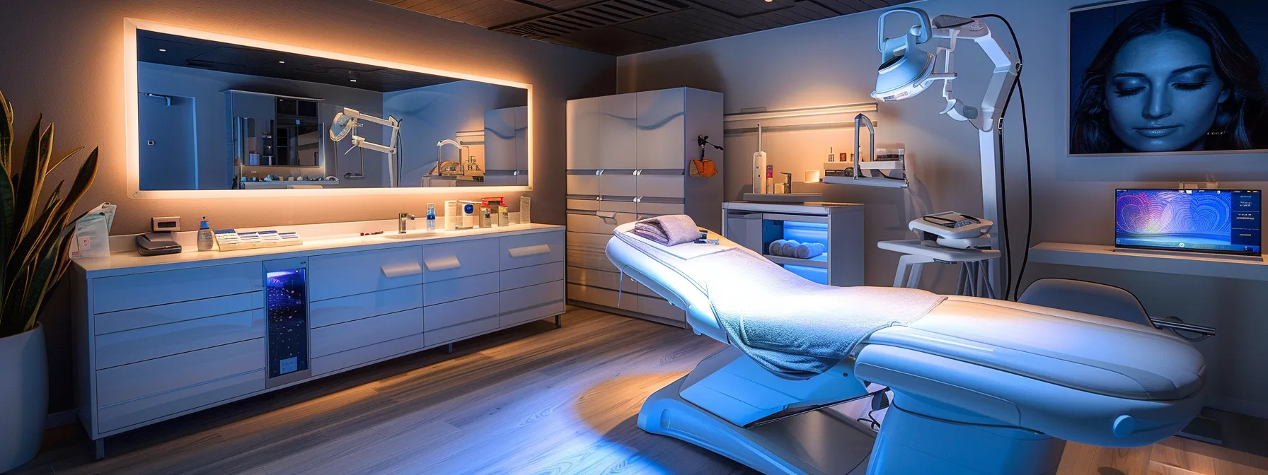 a sleek, modern medical spa room with a high-tech laser hair removal device illuminated by soft, professional lighting, conveying a sense of confidence and professionalism as a client prepares for their consultation.