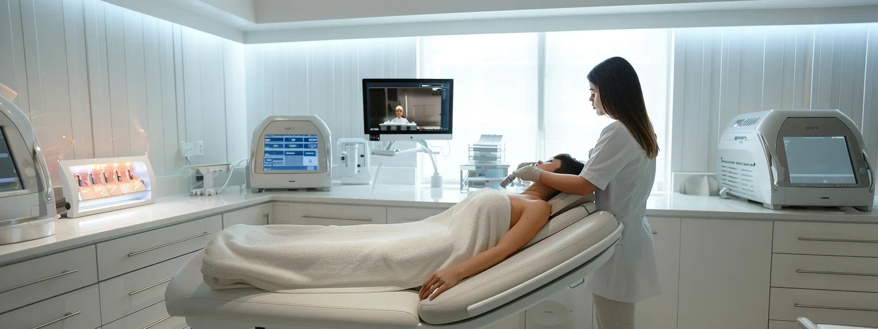 a sleek, modern treatment room at plymouth med spa showcases advanced laser equipment, illuminated by soft, ambient lighting, while a professional consultant attentively reviews a personalized care plan with a client, emphasizing a commitment to exceptional, tailor-made skincare solutions.