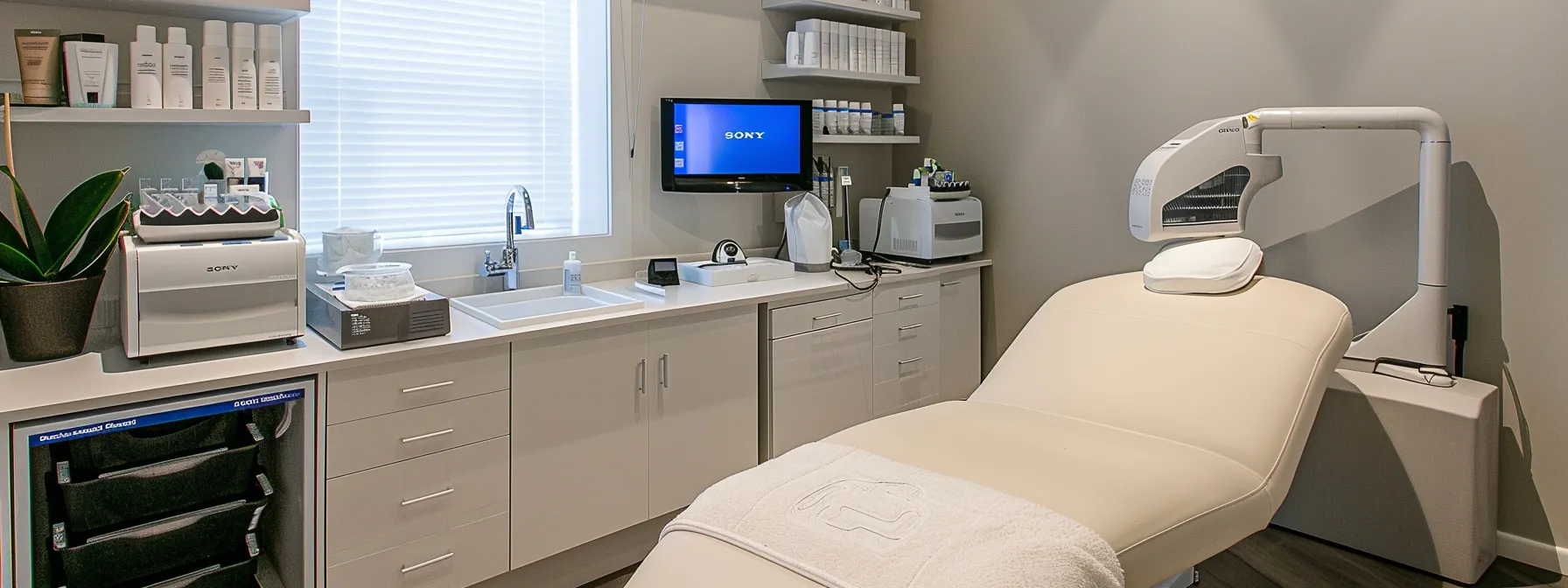 a sleek, modern treatment room at plymouth med spa, featuring an elegantly arranged laser hair removal device alongside a carefully organized display of aftercare products, bathed in soft, professional lighting to convey a sense of tranquility and expertise.