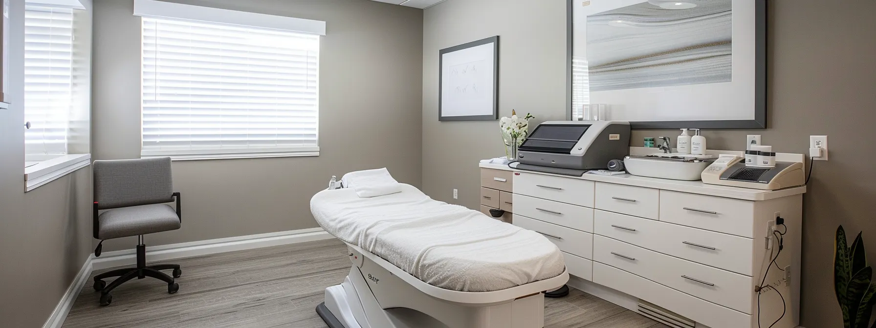a sleek, modern treatment room at plymouth med spa exudes professionalism, featuring advanced laser equipment and calming decor, as a knowledgeable specialist guides a client through a personalized consultation for laser hair removal.
