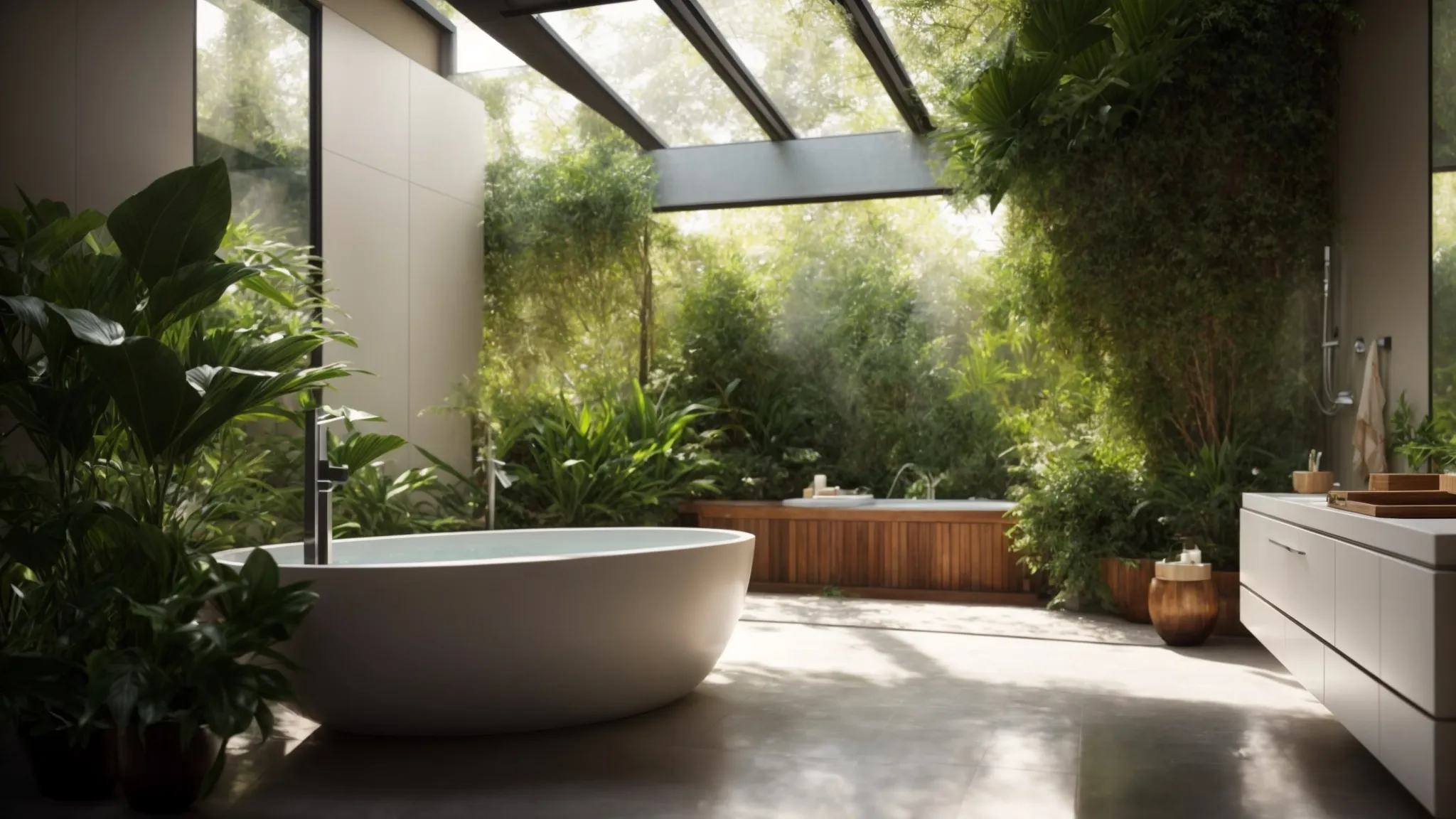 a serene and softly lit bathroom setting featuring a peaceful bath scene, with a focus on a gently steaming tub surrounded by lush plants, emphasizing relaxation and tranquility after laser hair removal while avoiding sun exposure and high temperatures.