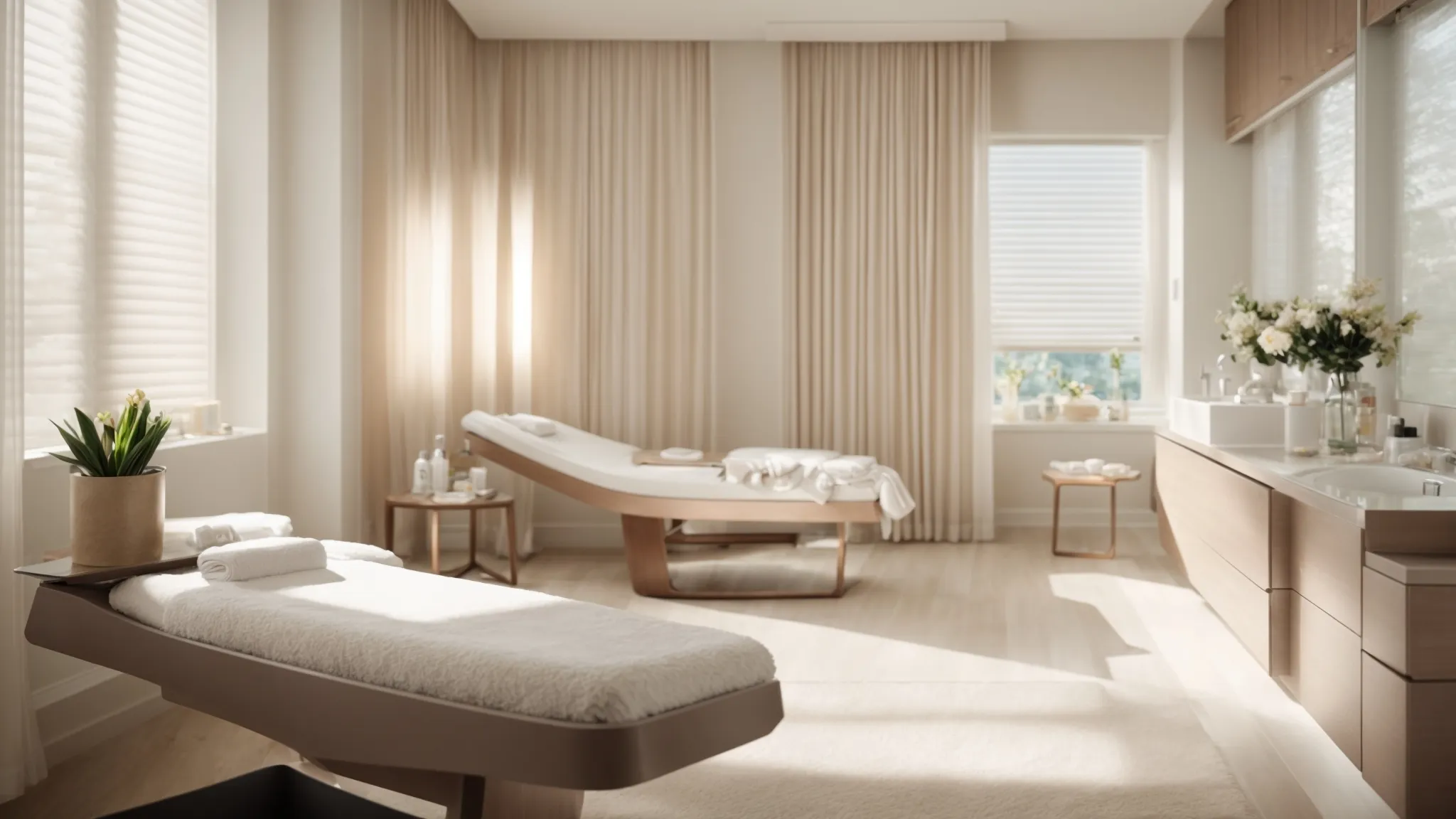 a serene, inviting treatment room bathed in soft, natural light, featuring a sleek laser hair removal device poised beside fresh towels and soothing skincare products, embodying the essence of professional self-care and preparation for a comfortable treatment experience.