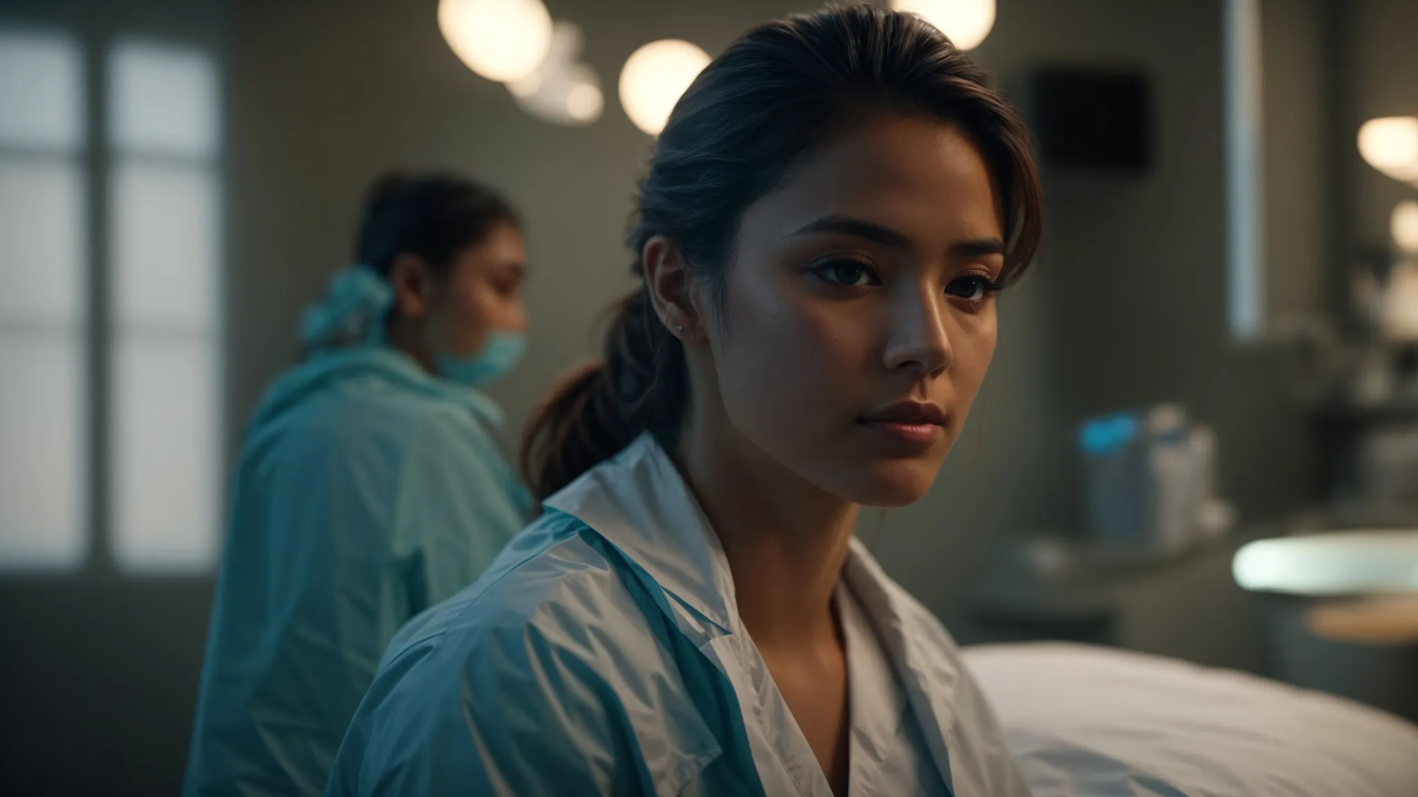a serene medical setting showcases a patient attentively observing the healing process of a prp injection site, with soft natural lighting highlighting the subtle changes of the skin and emphasizing a sense of calm and vigilance in recovery.