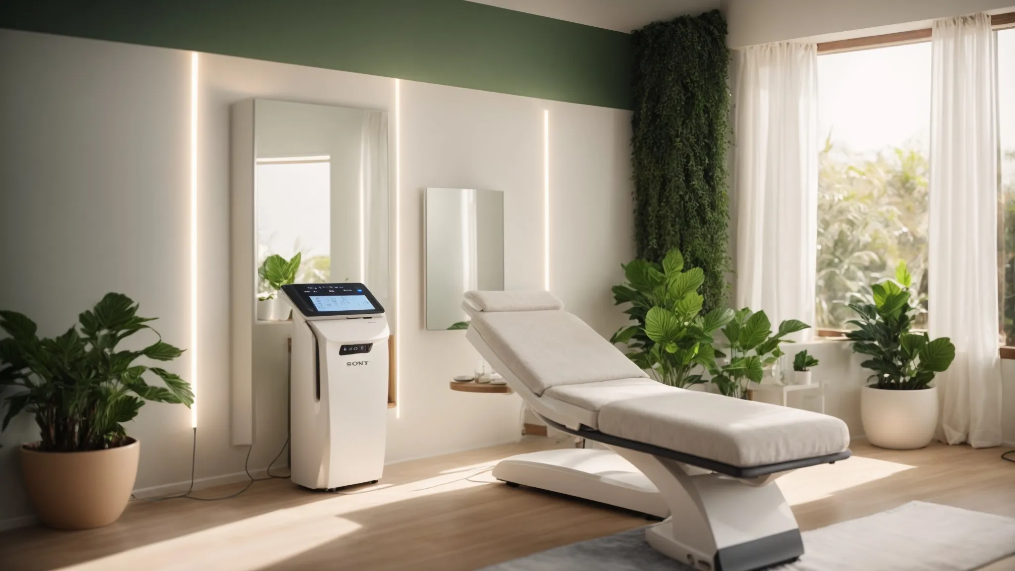 a serene, softly lit treatment room features a sleek laser hair removal device poised against a backdrop of calming green plants, highlighting the importance of preparation and consistency in achieving long-term results.