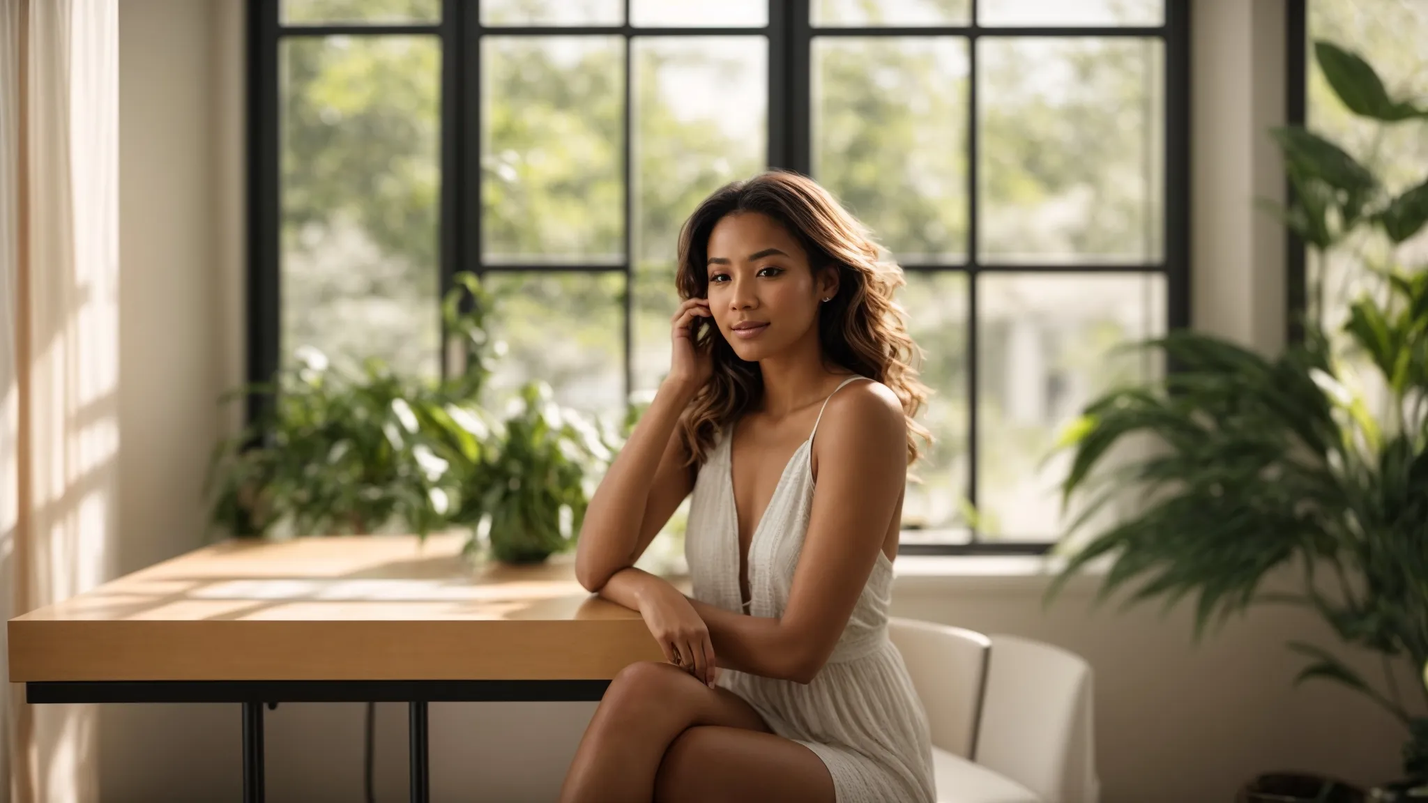 a serene, sunlit room showcases a confident individual with clear, radiant skin, thoughtfully engaging in a consultation about preparing for laser hair removal, emphasizing skin health and informed choices.