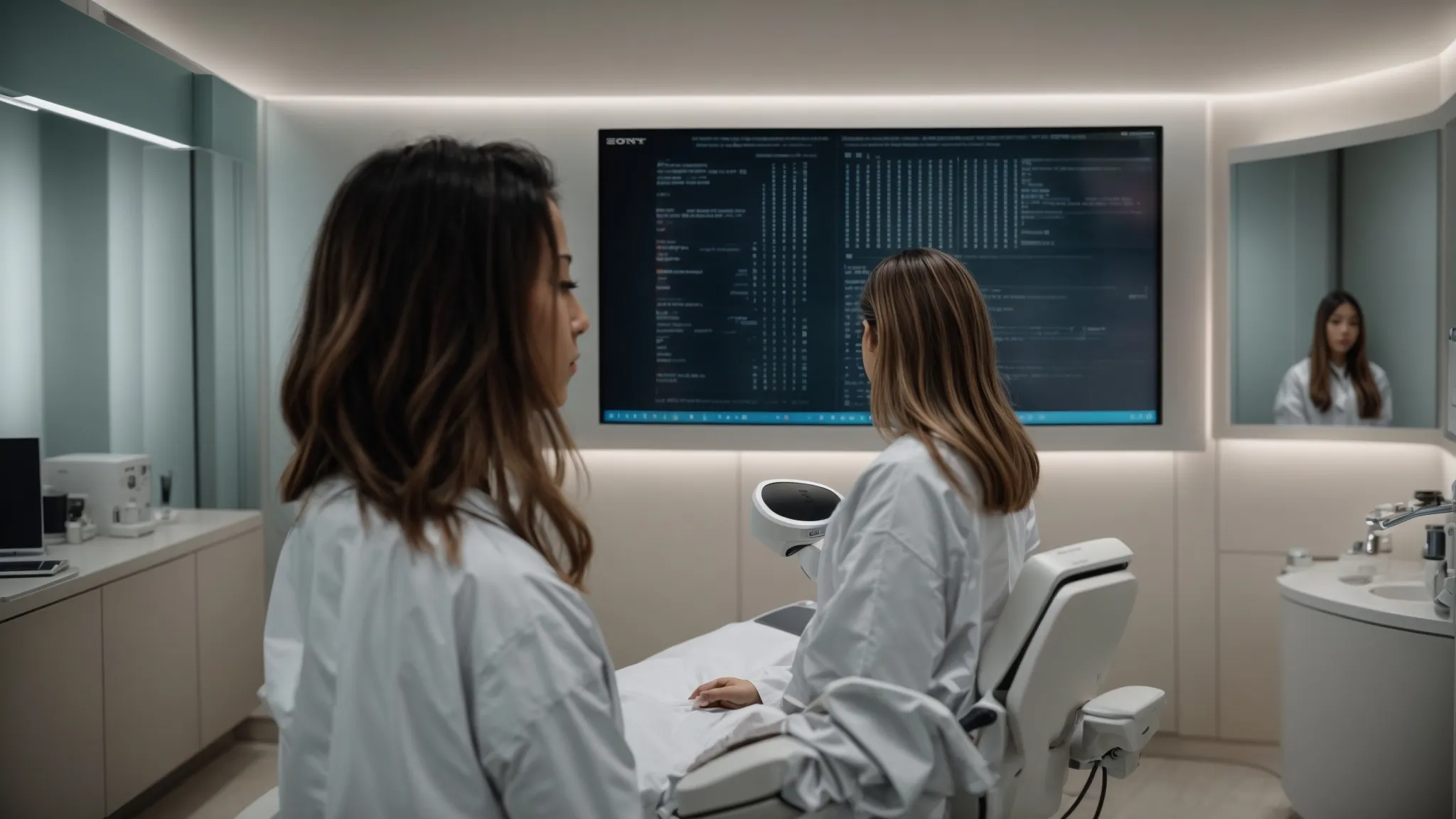 a serene, well-lit clinical setting showcases a professional evaluating hair growth patterns on a digital screen, conveying the meticulous process of optimizing laser hair removal treatments for clients.