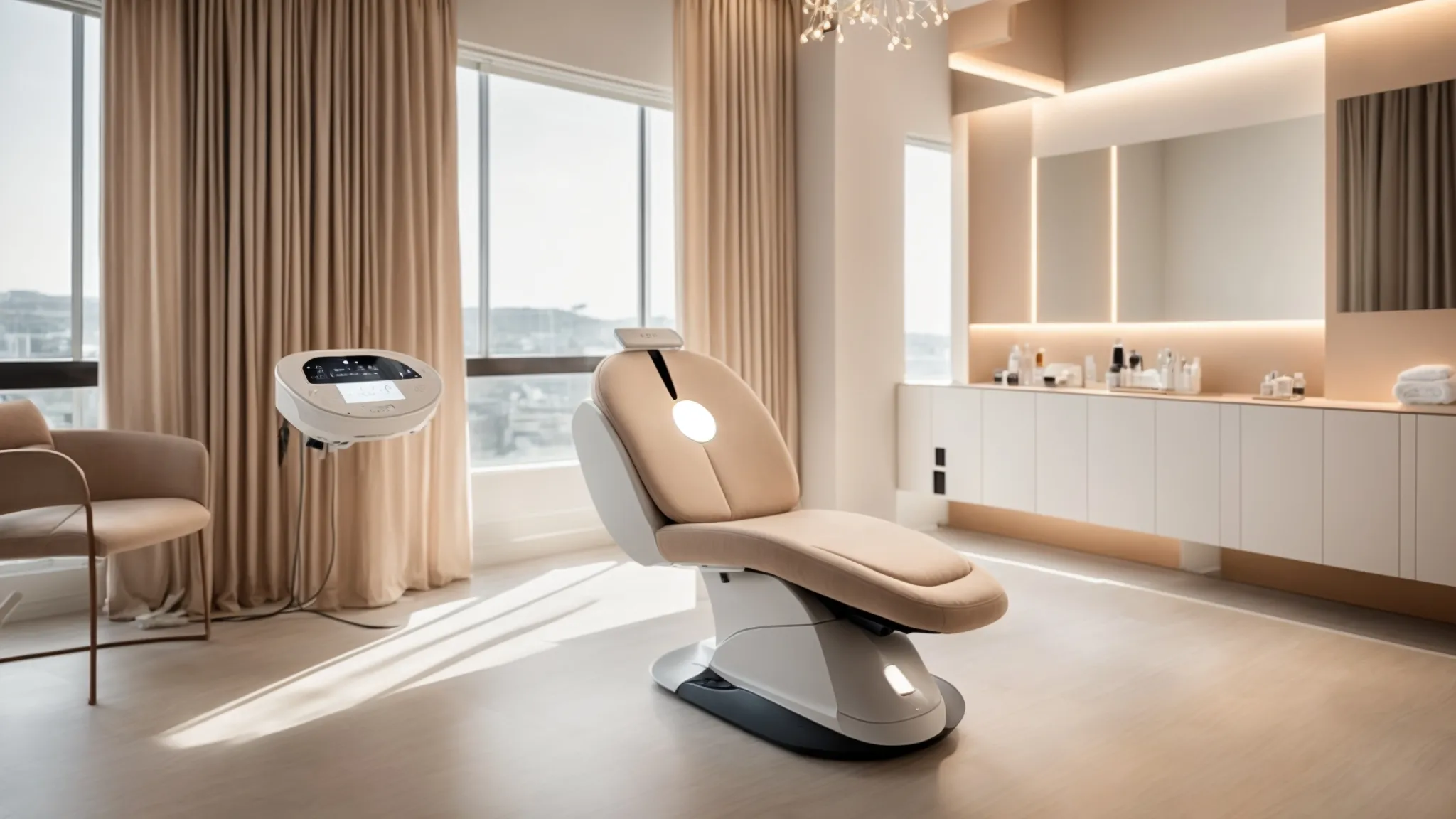 a serene, well-lit treatment room showcases a sleek, state-of-the-art laser hair removal device poised next to a plush treatment chair, embodying the promise of a comfortable and effective beauty experience.
