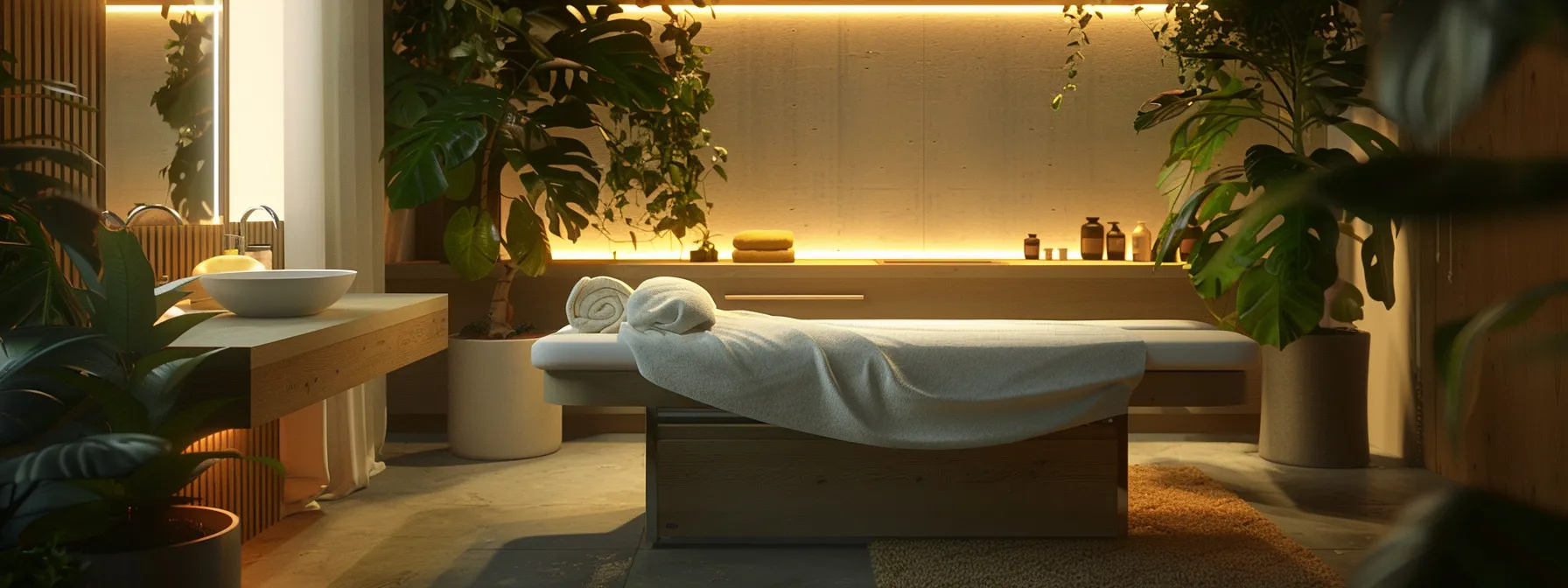 a serene and modern spa treatment room featuring a cozy massage table, soft ambient lighting, and carefully arranged aftercare products, emphasizing an atmosphere of relaxation and wellness for optimal post-prp treatment care.