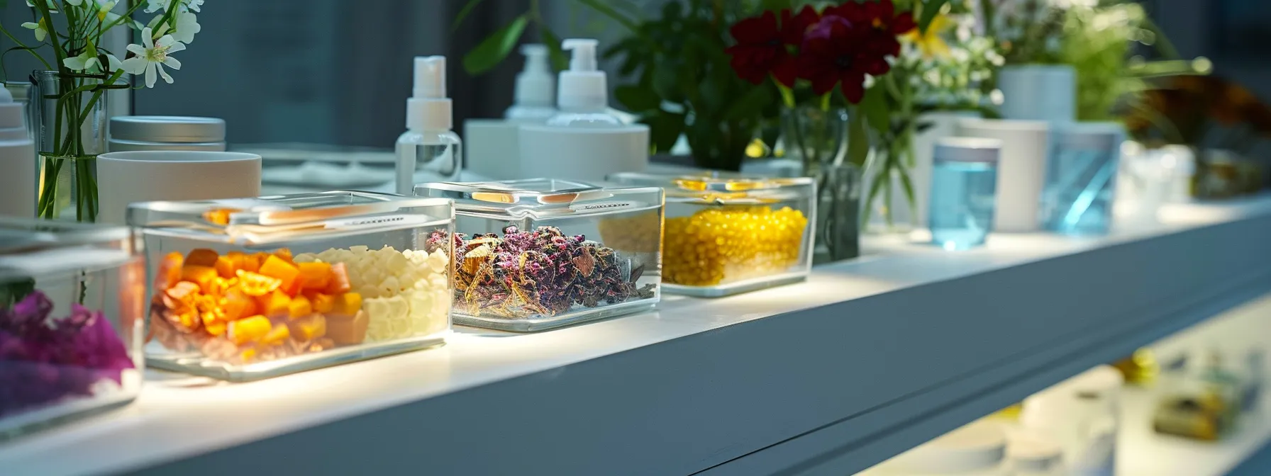 a sleek, modern spa treatment room filled with elegant glassware displaying colorful, nutrient-dense foods and supplements, illuminated by soft, ambient lighting, emphasizing the importance of nutrition in prp treatment aftercare.