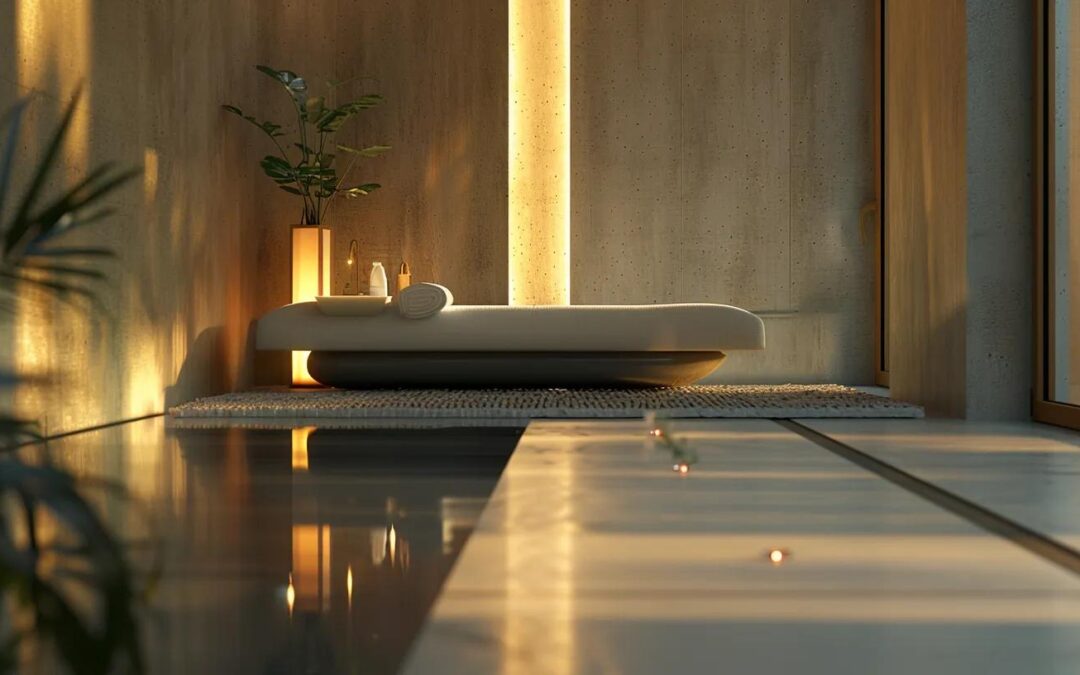 Serene spa treatment room featuring a plush massage table, calming ambient lighting, and decorative plants, emphasizing relaxation and luxury in wellness services.
