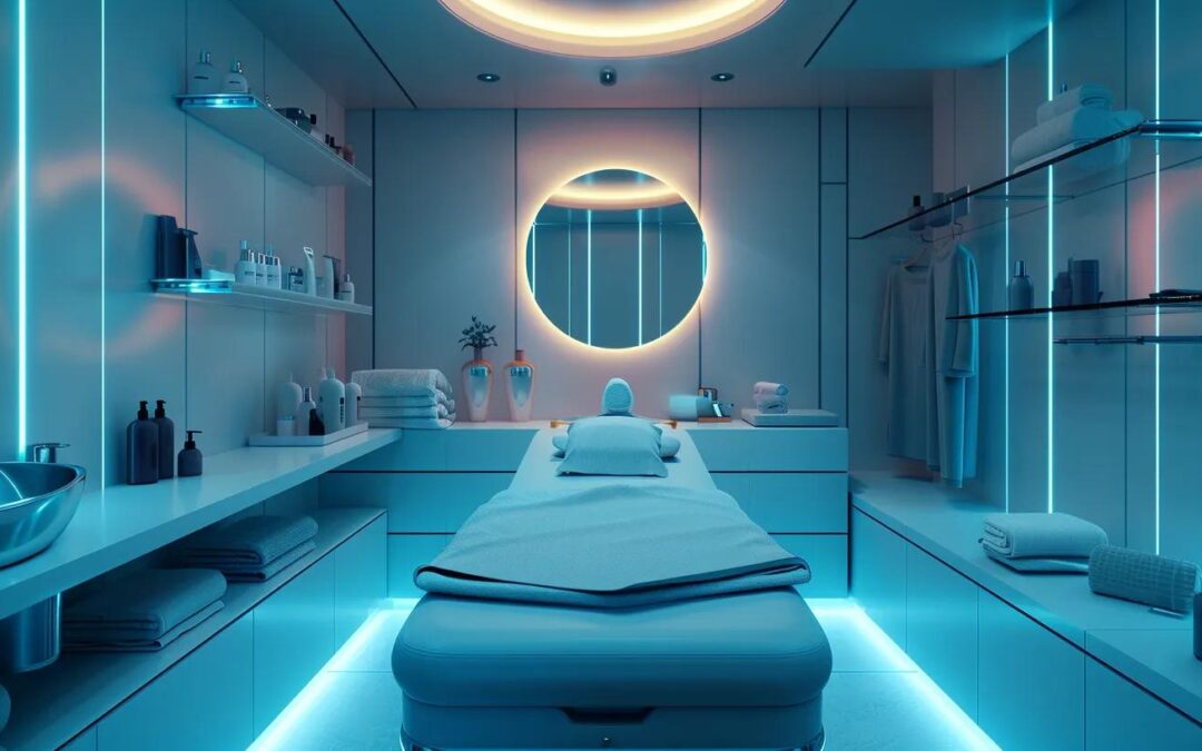 Elegant modern spa room featuring a massage table, soothing blue lighting, and neatly arranged skincare products, reflecting luxury facial treatments and wellness services at Aura Health & Spa.