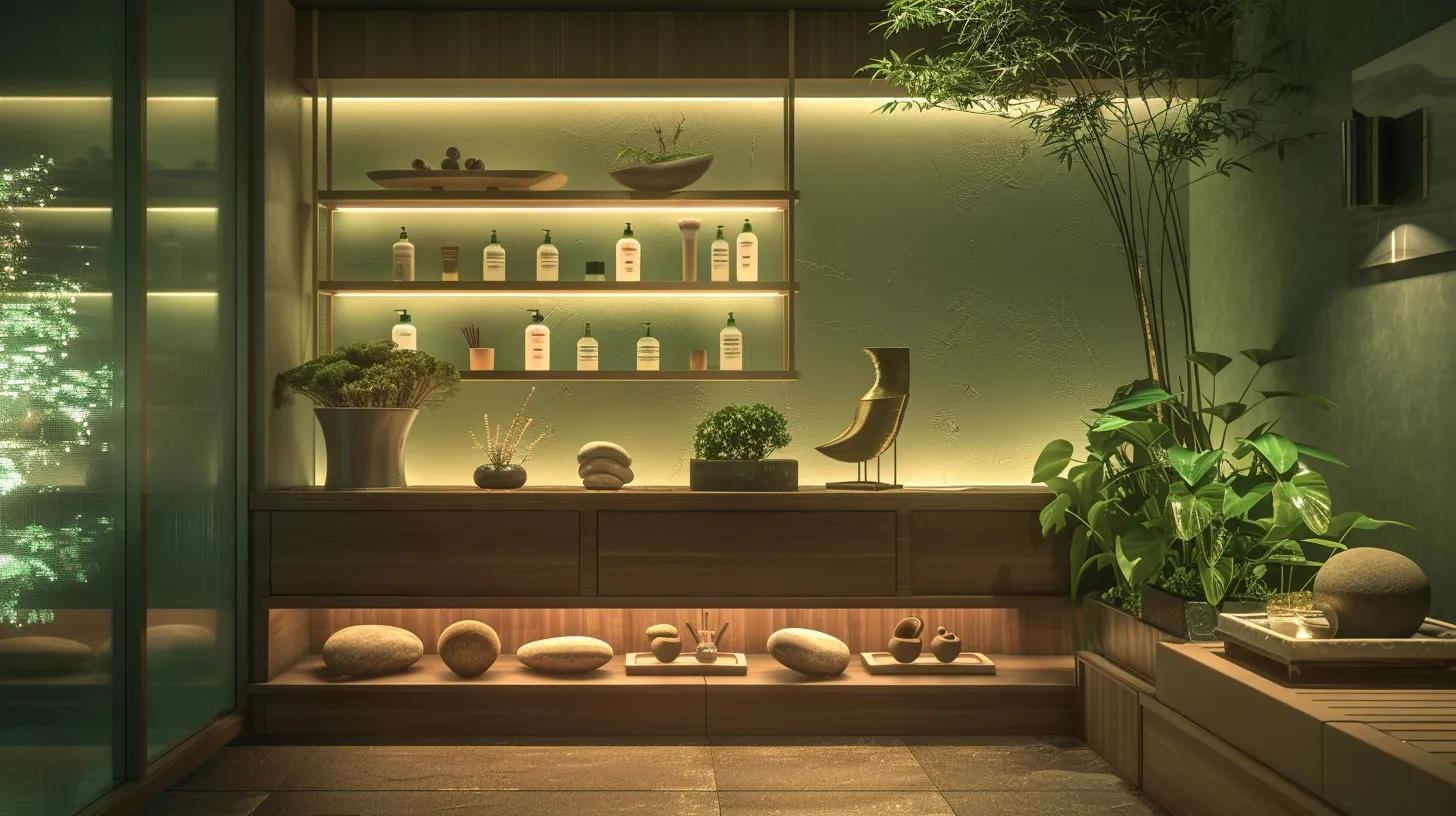 an inviting and modern spa interior features a serene treatment room adorned with soft ambient lighting, luxurious heated stones elegantly arranged on a polished wooden shelf, and shelves filled with natural skincare products, creating an atmosphere of relaxation and wellness.