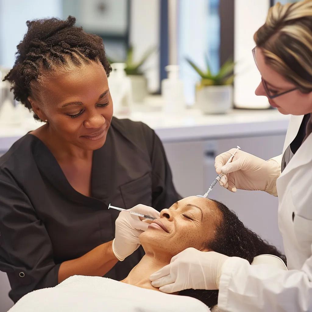 Diverse patients receiving dermal filler treatments in a professional clinic setting