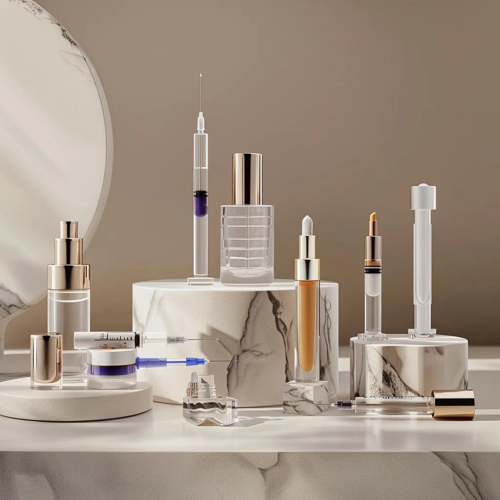Various dermal filler products displayed elegantly, showcasing different types and brands